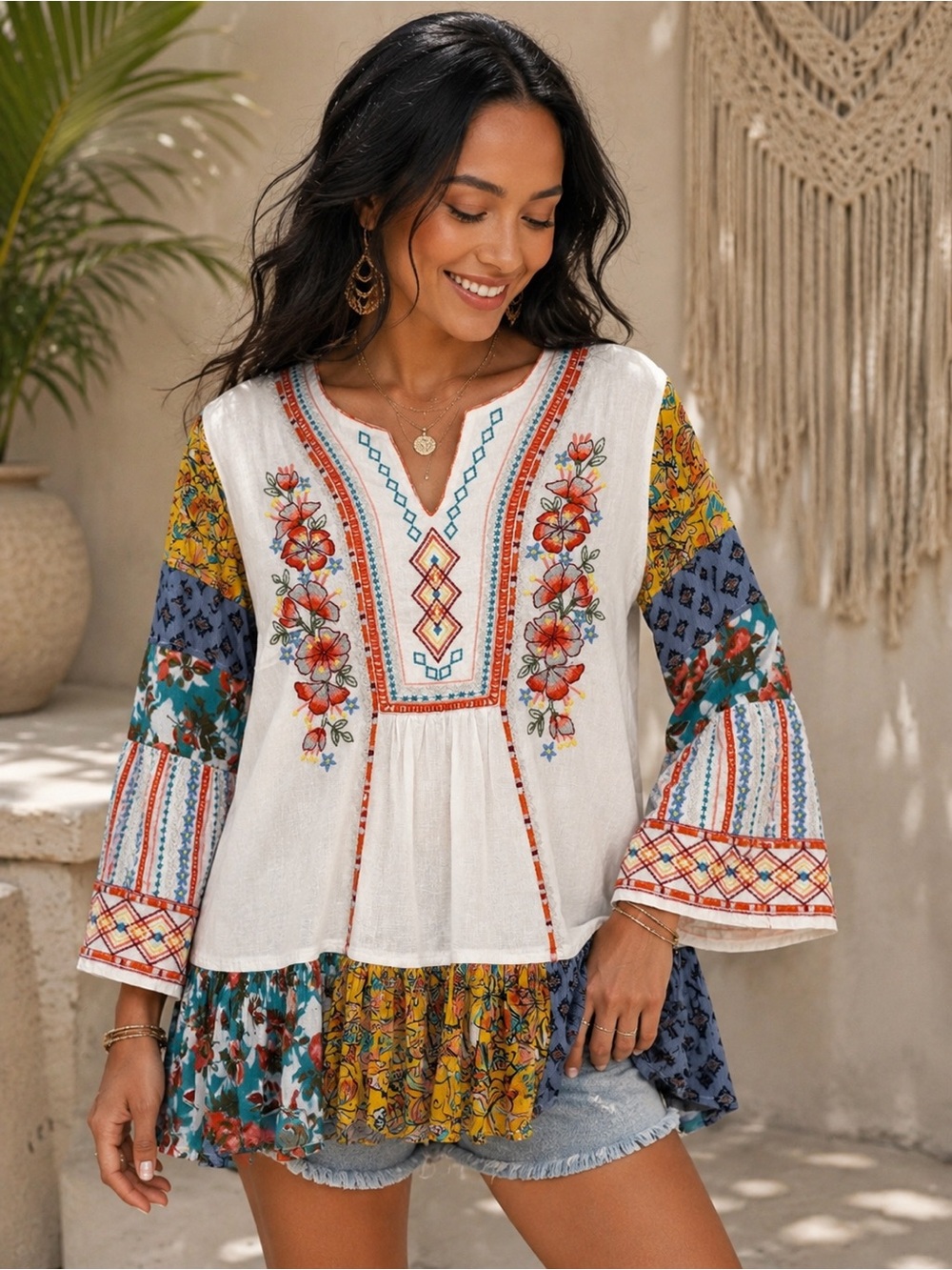 Vincente Boho Embroidered Patchwork Bell Sleeve Peasant Top Blouse